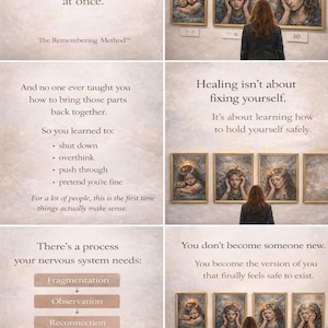 May include: Image with text about self-healing and the Remembering Method. The image includes text such as "You're not broken" and "Healing isn't about fixing yourself." A person stands in front of three paintings.