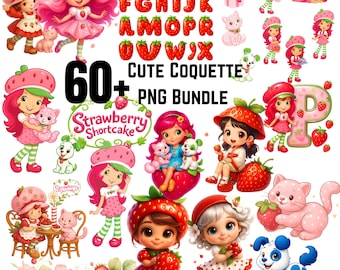 Retro aardbei-tekenfilm png-bundel: kawaii-clipart uit de jaren 80 (digitale download)