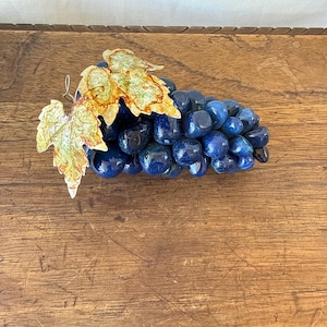 Vintage Blue Stone Grape Cluster, Mid Century Modern Gemstone Fruit Sculpture, Hollywood Regency Blue Quartz Agate Grapes Decor