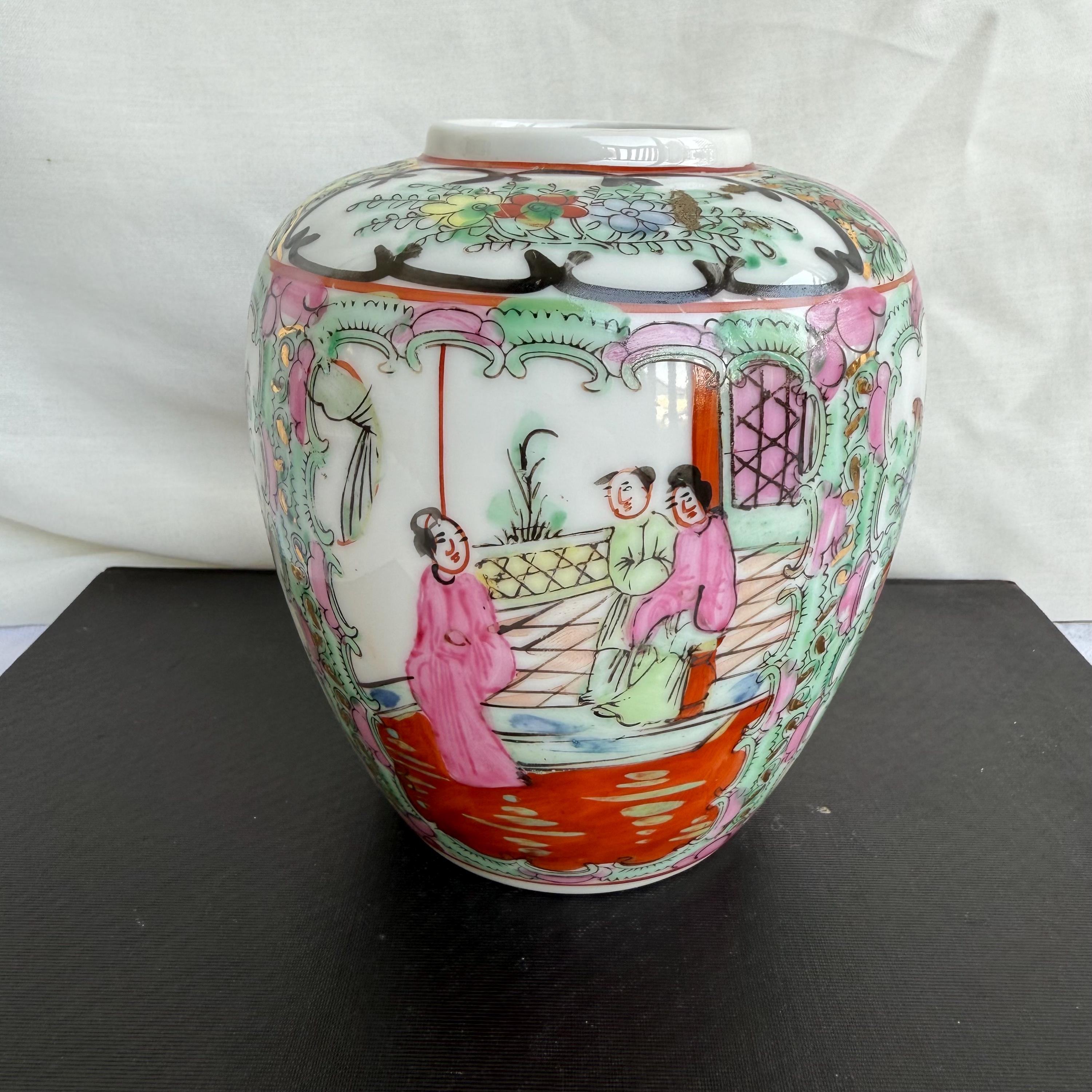 Vintage Chinese Famille Rose Ginger Jar, Hand-Painted Canton Porcelain Vase, Rose Mandarin Chinoiserie Decor