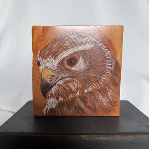 May include: A hand-carved wooden block featuring a detailed portrait of a hawk's head. The artwork showcases the bird's brown and white feathers, a yellow beak, and dark eyes. The block is square and made of light brown wood.