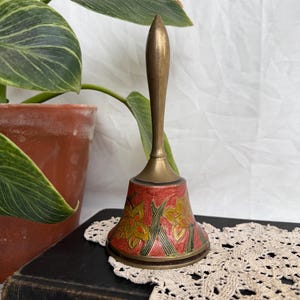 Vintage Enamel Brass Hand Bell with Floral Design, Cloisonné School Bell, Hand-Painted Desk Bell Daffodil
