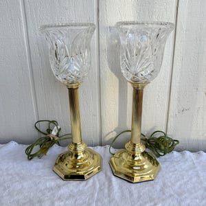 Vintage Pair of Excelsior Brass Torchiere Buffet Table Lamps with Etched Glass Fluted Shades