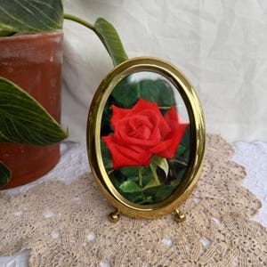 May include: Oval gold-toned picture frame with a red rose image. The frame has a small stand and is displayed on a beige lace doily. A potted plant is visible in the background.
