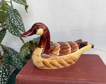 Vintage Hand-Carved Wooden Duck Decoy Figurine, Hand Stained Mallard Duck Farmhouse Decor