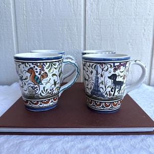 Taza de cerámica portuguesa vintage pintada a mano / Diseño de animales de arte popular de Coimbra / Taza de café de loza de mayólica rara / Hecha en Portugal