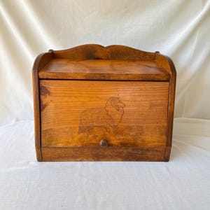 Vintage Wooden Bread Box with Collie Art | Rustic Pine Drop-Front Kitchen Storage Bin | Primitive Farmhouse Country Decor