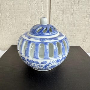 Vintage Blue and White Porcelain Potpourri Jar, Chinoiserie Lidded Incense Burner, Reticulated Openwork Ceramic Votive Holder