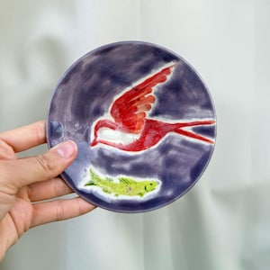Handmade Folk Art Ceramic Trinket Dish • Whimsical Red Bird and Green Fish Studio Pottery Plate • Decorative Purple Clay Dish