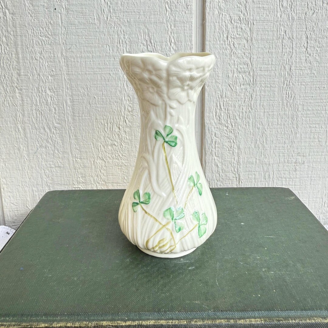 Vintage Belleek Parian China Vase | Hand-painted Shamrock Embossed