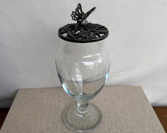 Vintage Glass Apothecary Jar, Butterfly Lid, Shabby Chic Decor