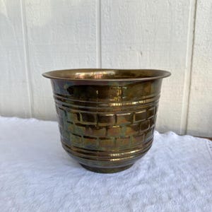 Vintage Embossed Brass Planter | Mid-Century Modern Jardinière with Brick Pattern | Hollywood Regency Cachepot