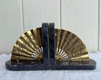 Vintage Asian Brass Fan Bookends – Hollywood Regency Dragon Motif, Marble Base (Set of 2)