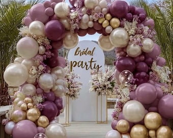 Dusty Purple Gold Balloon Arch Kit Double Stuffed Plum, Dark Lavender, Pearl White Sand Balloon Garland with Clear Bobo for Birthday Bridal