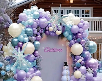 Kit de arco de guirnalda de globos de Frozen, globos dobles rellenos de color morado, azul, blanco y perla con estrellas iridiscentes para cumpleaños o baby shower de Frozen.
