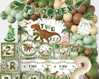237 delar Två Rex födelsedagsdekorationer pojke komplett festset, dinosauriefödelsedagsdekorationer 2, serverar 20 gäster, 2-åring festdekor pojke