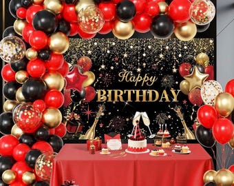 Red Birthday Party Decorations for Women,Balloon Aich kit,Black Gold Confetti Balloons,Happy Birthday Backdrop