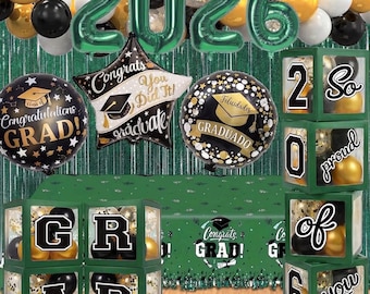 Black and Green Graduation Decorations Class of 2026 - Graduation Balloon Boxes, Balloon Arch Garland Kit, Party Decorations 2026 for Grad