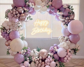 Kit de arco de guirnalda de globos morados polvorientos de 146 piezas, globos de doble relleno de color rosa arena blanco cromado y oro rosa para bodas, cumpleaños, baby showers.