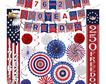 81 delar dekorationer för 250-årsjubileum i USA, patriotisk 4 juli-dekoration med röda, vita, blå pappersfläktar och girlang, klistermärken, självständighetsdagen