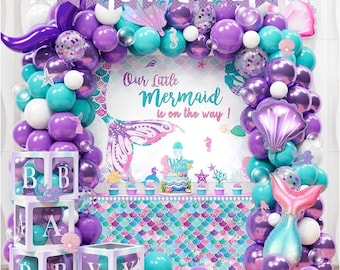 Mermaid Baby Shower Decorations Include Our Little Mermaid Is on the Way Backdrop, Balloon Garland, Banner, Tablecloth, Cake Topper, Box
