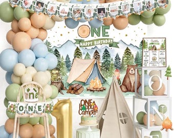 One Happy Camper Birthday Decorations – 100 PCs Camping 1st Party Supplies Set with Backdrop, Balloon Garland, Banner, Box, Cake Topper,