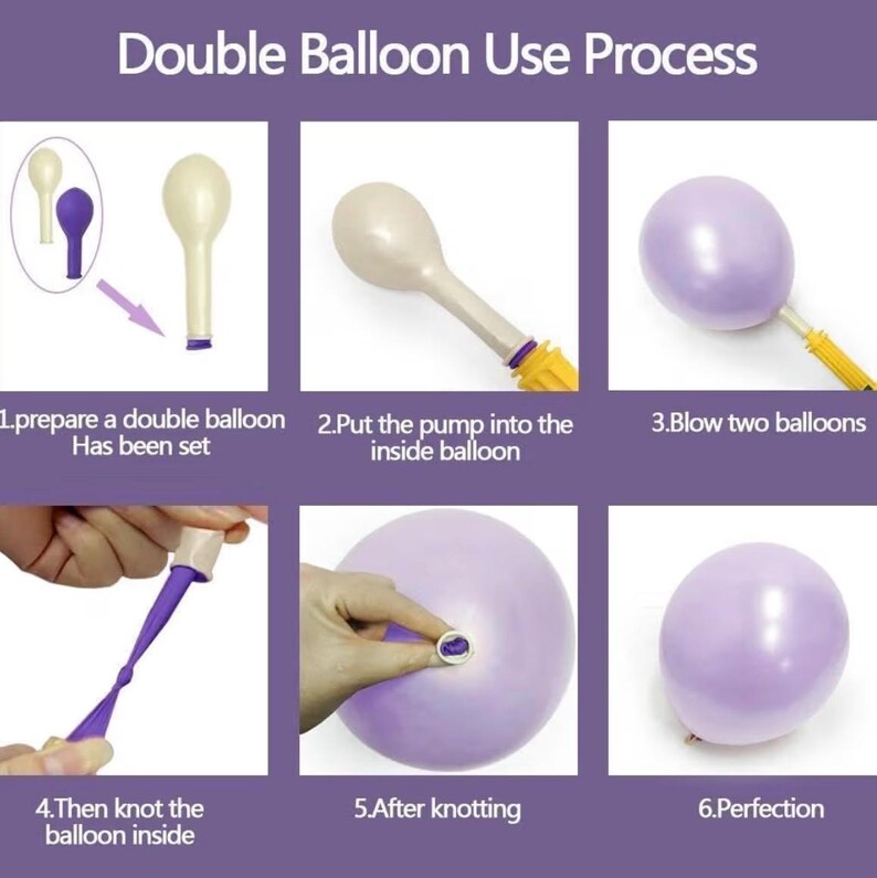 Puede incluir: Una gu&iacute;a titulada "Double Balloon Use Process" muestra c&oacute;mo inflar y anudar un globo doble. El proceso incluye la preparaci&oacute;n del globo, la inserci&oacute;n de una bomba, el inflado, el anudado y la consecuci&oacute;n de la perfecci&oacute;n. Los globos son morados.