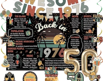 50th Birthday Decorations Men Women, Colorful Vintage Back in 1976 Poster Cheers To 50 Years Banner Balloons Hanging Swirls Cake Topper