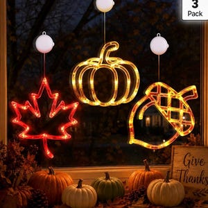 3 PCS Fall Window Lights Decorations, LED Pumpkin Acorn Maple Leaf Lights, Battery Operated with Timer, Thanksgiving Autumn Home Decor
