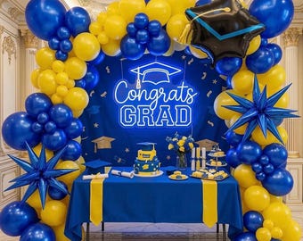 Royal blue and yellow balloon garland arch kit 150pcs with graduation cap Blue star mylar balloons for Men birthday 2026 Graduation Ceremony