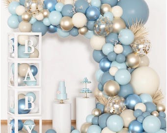 153pcs Dusty Blue Balloon Baby Shower Decorations for Boy, Blue Balloon Arch Kit Baby Boxes with Letter (A-Z+Baby) for Boho Baby Shower Boy