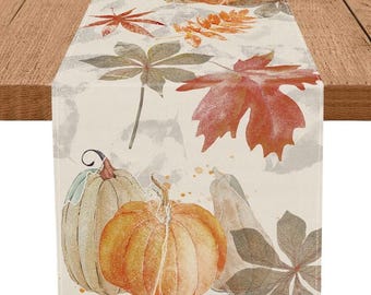 Herbstliche Tischläufer mit Kürbis- und Ahornblattmotiven im Aquarell-Vintage-Stil – Saisonale Tischläufer für Herbst, Erntedankfest, Zuhause, Küche, Esszimmer und Partydekoration