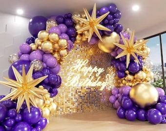 Purple and Gold Balloon Arch Kit, 162Pcs Dark Purple Gold with Stars Balloon Garland kit, Different Size Balloons for Birthday Baby Shower