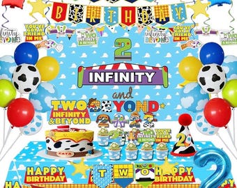 Two Infinity and Beyond Birthday Decorations Blue Clouds Cartoon Story 2nd Birthday Party Supplies include Backdrop Crown Cake  Topper