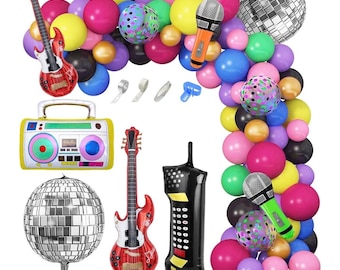 80s 90s Theme Party Decorations, 90Pcs Balloon Garland Kit 6PCS Disco Ball Radio Boom Box Retro Mobile Phone Guitar Microphone Foil Balloons