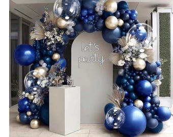 Royal Blue Gold Balloon Arch Double Stuffed Latex Bobo Pearl Gold Balloon Garland Navy Ruby Blue Balloons for Birthday Baby Shower Grad Prom
