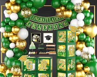 Graduation Decorations Class of 2026, Green and Gold Graduation Decorations 2026, Green Boxes Balloon Arch with Letters So Proud of You Grad