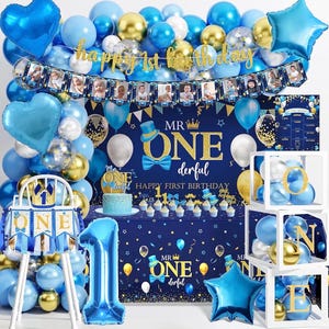 Baby Boy First Birthday Decorations, Mr Onederful 1st Birthday Decorations for Boy Party Supplies with Crown Backdrop Balloon Arch Kit Blue