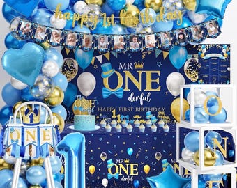 Baby Boy Erster Geburtstag Dekorationen, Mr Onederful 1. Geburtstag Dekorationen für Jungen Partyzubehör mit Krone Hintergrund Ballon Bogen Kit Blau