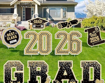 2026 Graduation Yard Signs, Class of 2026 Decor, Black Gold Grad Party Decorations, Outdoor Lawn Signs, Congrats Grad Party Supplies