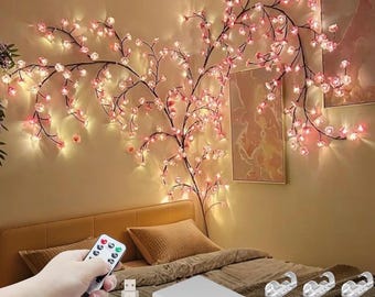 Luces de pared Cherry Enchanted Willow Vine, 122 cm (4 pies), 48 LED, forma de rama de cerezo rosa, con temporizador remoto, 8 luces, decoración para dormitorio.
