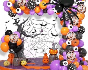 199-delige Halloween-ballonslinger boogset, Halloween-feestdecoraties inclusief spinnenweb, vleermuizen, paars-oranje en zwarte ballonnen voor verjaardag