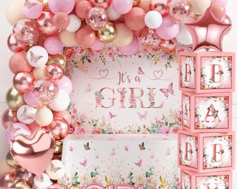 Baby Shower Decoration for Girl Baby Girl Pink Rose Gold Baby Shower Decoration Floral Gender Reveal Party Supplies, It's a Girl Backdrop