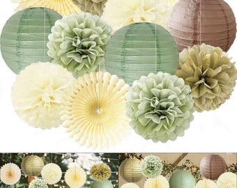 Sage Green Party Decorations Sage Gold Cream Tissue Paper Pom Poms Paper Lanterns  for Baby Shower Birthday Wedding Engagement Party Decor