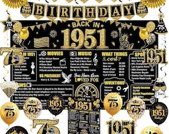 75th Birthday Decorations Kit for Men Women, Black Gold 24PCS Back in 1951 Banner Decorations , Vintage 1951 Banner Wooden Table Sign Poster