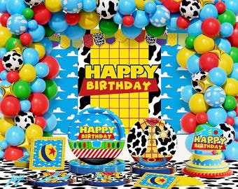 Cartoon Toy Birthday Decorations, 258 PCs Toy Inspired Story Themed Party Supplies for Boy with Blue Backdrop, Balloon Garland, Cake Topper