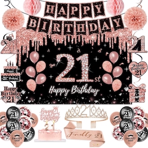 21st Birthday Decorations for Her,52Pcs PRE-STRUNG Rose Gold Black Party Set-21 Years Old Crown and Sash,Banner,Hanging Swirl,Backdrop Party