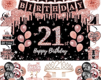 Décorations du 21e anniversaire pour elle, 52 pièces PRÉ-ENFILÉES, or rose et noir, couronne et écharpe de 21 ans, bannière, tourbillon à suspendre, fête de fond