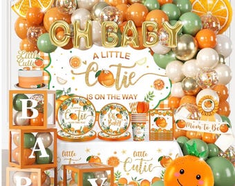279 PCS A Little Cutie Is On The Way Decorations, All-in-One Orange Baby Shower Party Pack With Balloon, Backdrop, Plates and Napkins