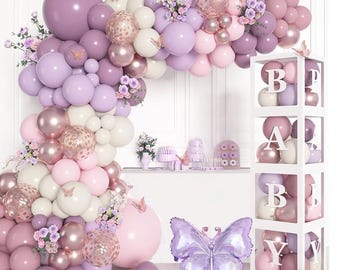 Pink Purple Butterfly Baby Shower Decorations Kit - Backdrop, Balloons & Centerpieces